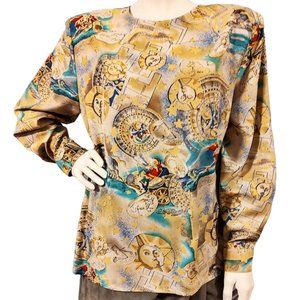 1990s Vintage Novelty Sun Print Tunic Style Loose Blouse Top Celestial Design